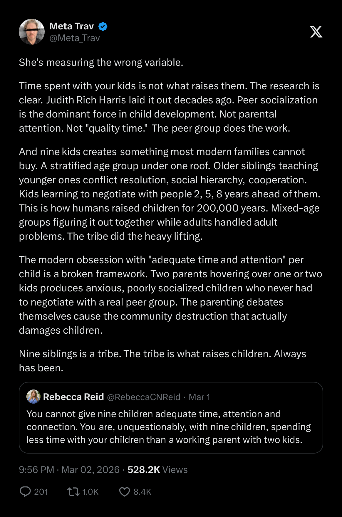 Meta Trav quote tweet on 9 kids