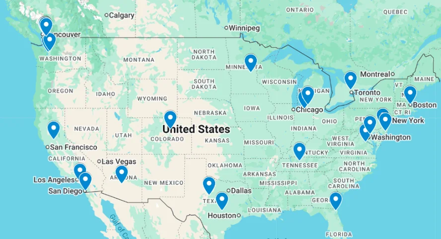 Map of North America with pins where members live